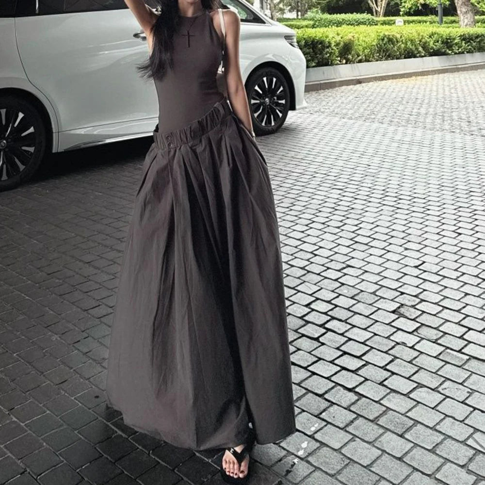Gray High Waist Button Placket Midi Dress For Women