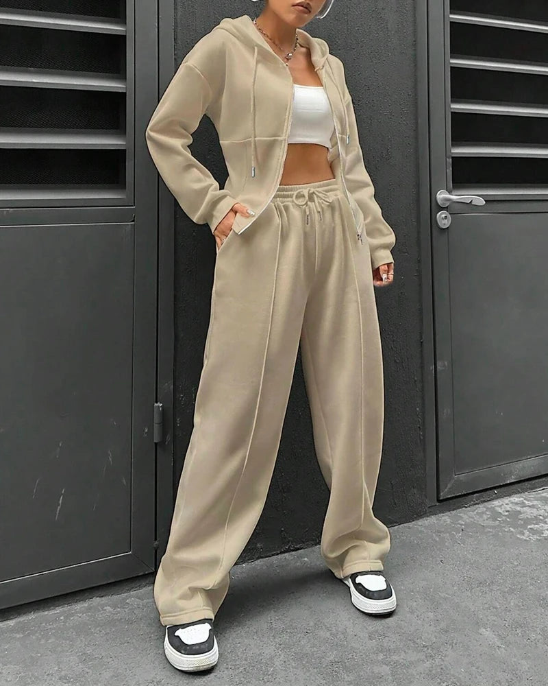 2 Pieces Pants Set Long Sleeve Zip Fly Slim Fit Hooded Top and Casual Wide Leg Pants Set