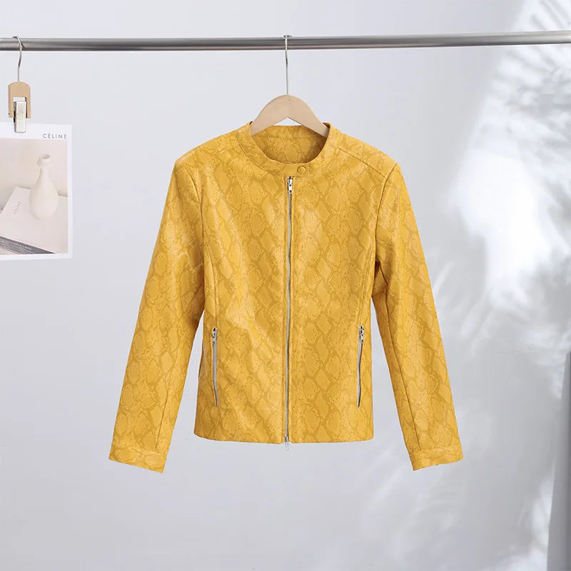 Retro Snake Print Faux Leather Cropped Jacket for Women