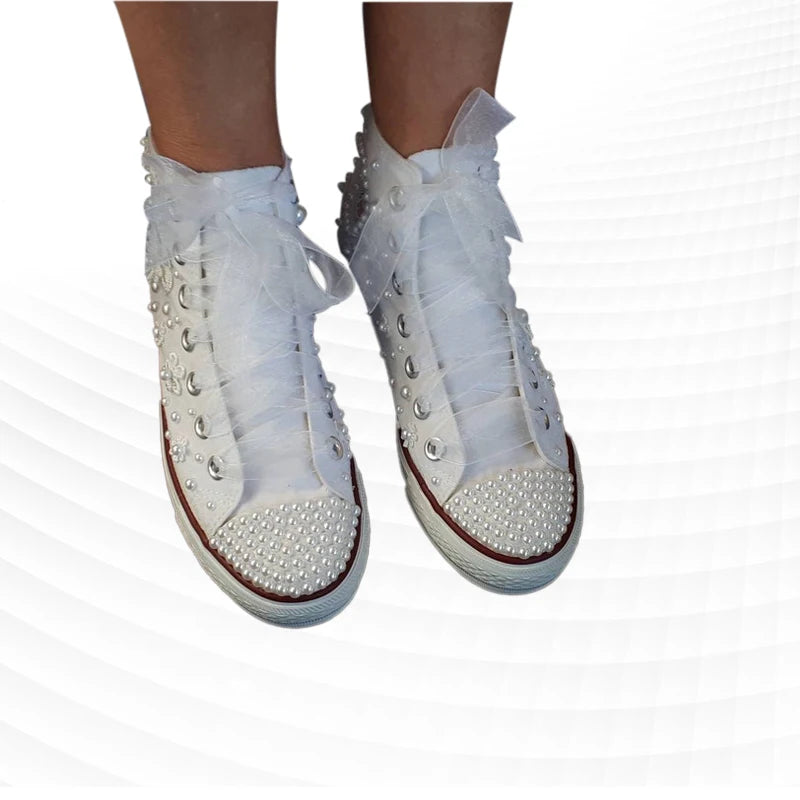 White Pearl Flower Lace-Up Wedding Sneakers for Women