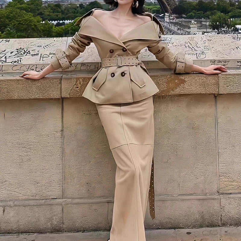 KUCLUT Fashion Elegant Versatile Large Lapel Waist Double-Breasted Short Trench Coat For Women Wrapped Hip Skirts Female 1A800