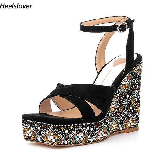 Rhinestone Square Toe Platform Sandals