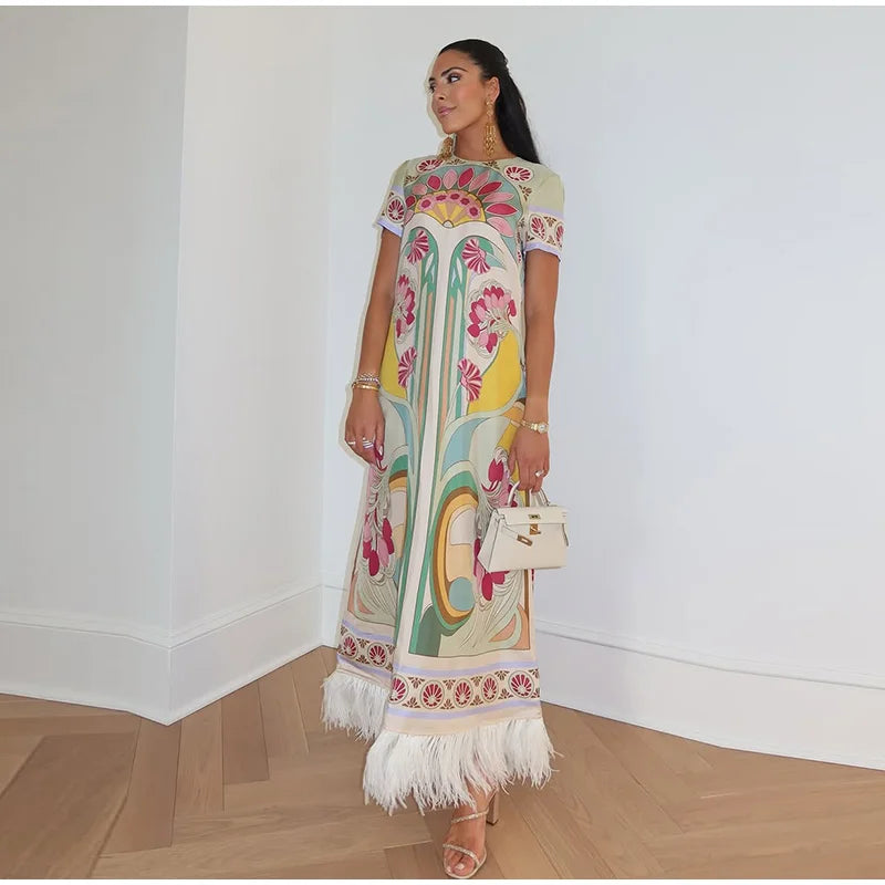 Elegant Floral Print Feather Hem Maxi Dress For Women