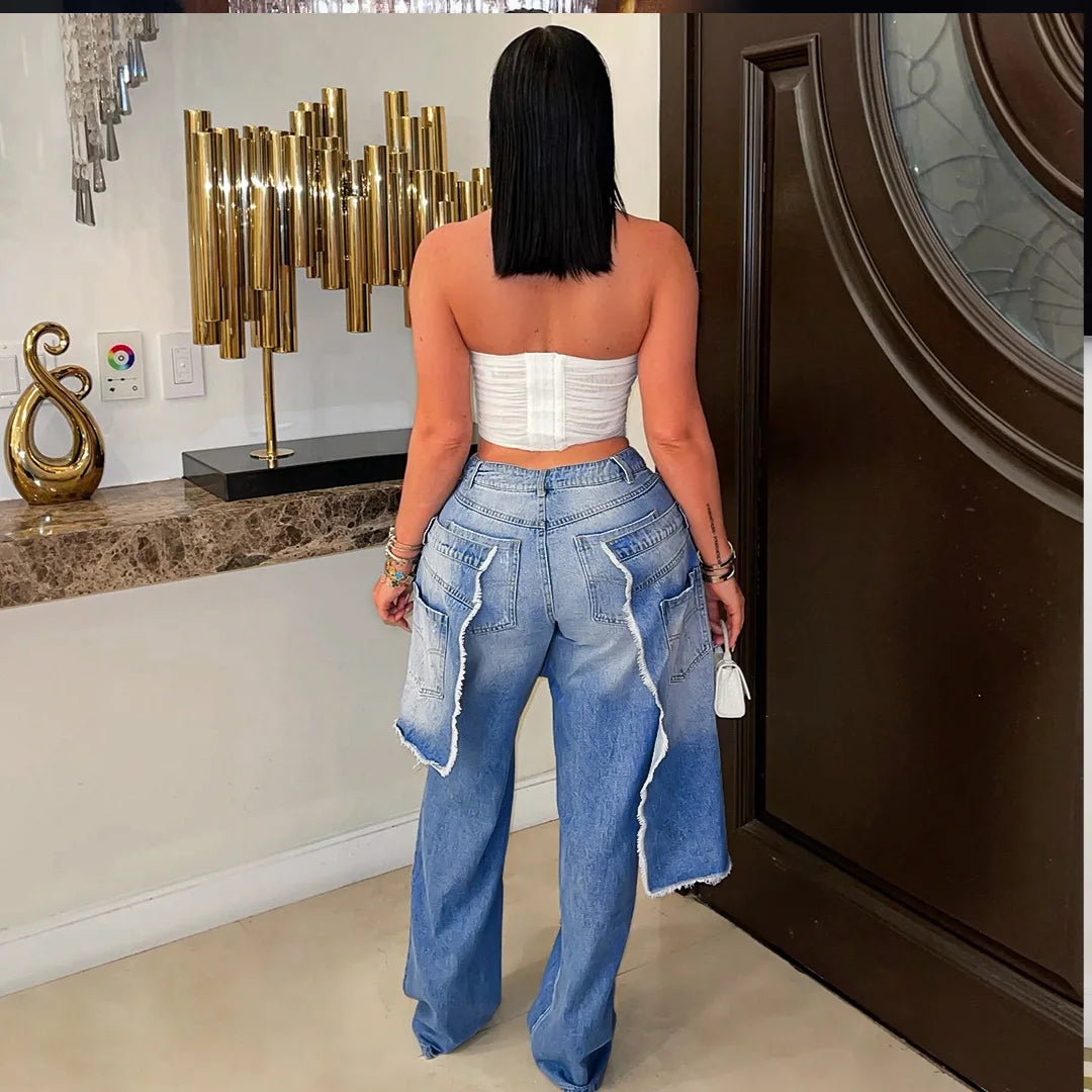 High Waist Ripped Patchwork Straight Cargo Jeans for Women