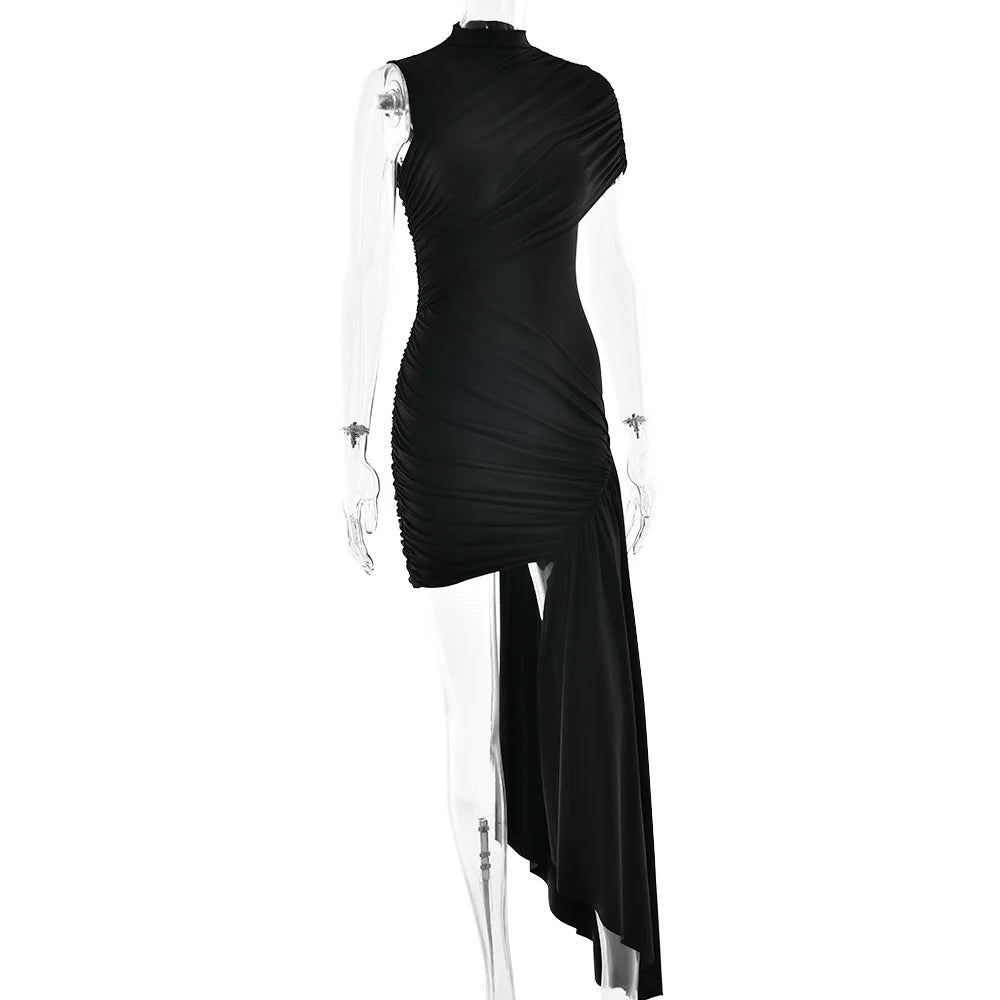 Elegant Irregular Pleated Tassel High Waist Mini Dress for Women