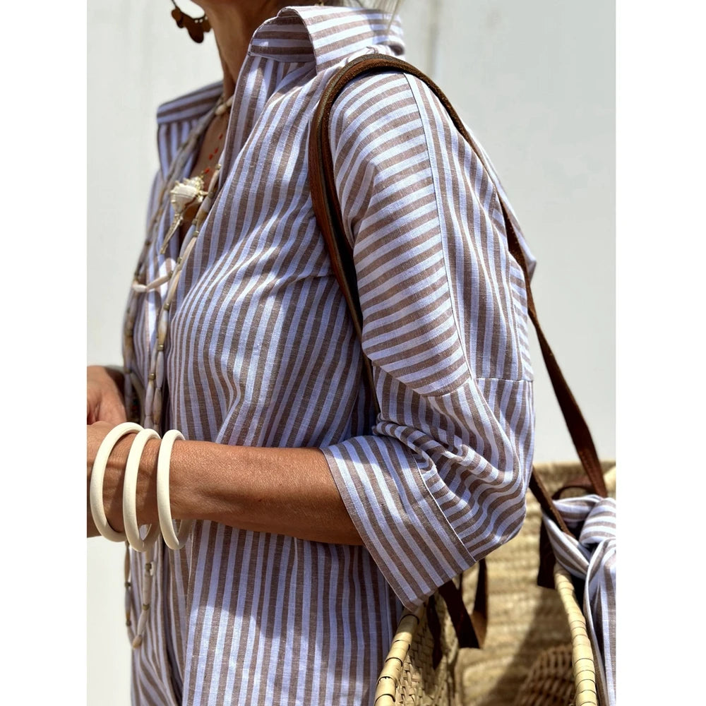 2025 Summer New Women's Stripe Lapel Half Sleeve Shirt Dress Turn-down Collar Button Front Midi Dress With Belt