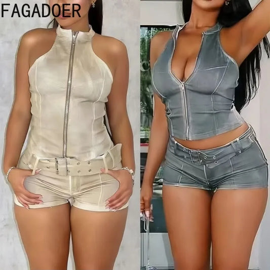 FAGADOER Retro Fashion Denim 2 Pieces Set for Woman Zipper Sleeveless Crop Top + Skinny Shorts Suit Female Streetwear Clothing
