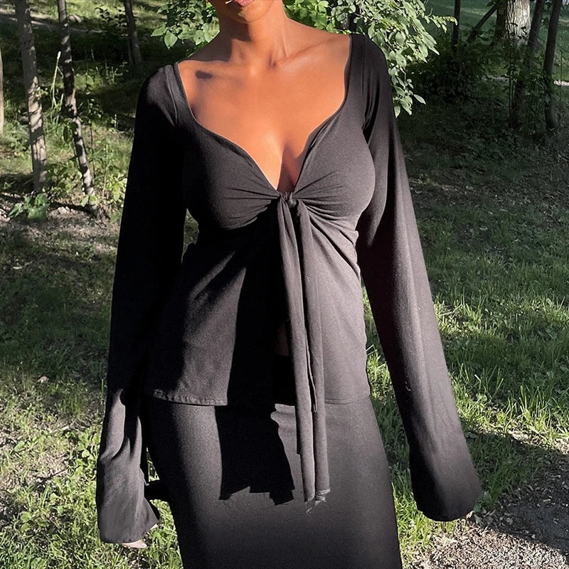 Y2K Cottage Retro Grunge Crop Tops Clothes Elegant Front Tie Up V Neck T-shirt 90s Vintage Chic Women Long Sleeve Blouse Tees