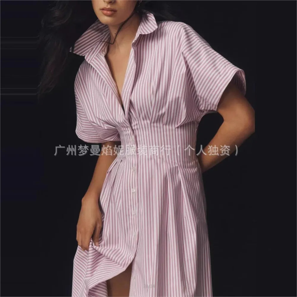 Elegant Striped Print Waist-Hugging A-Line Midi Dress for Women