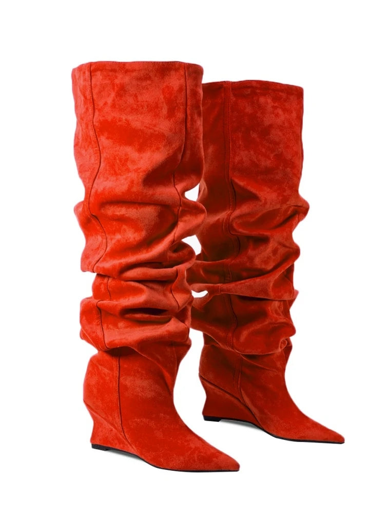 Pointed Toe Denim Over-The-Knee With Wedge Boots for Women