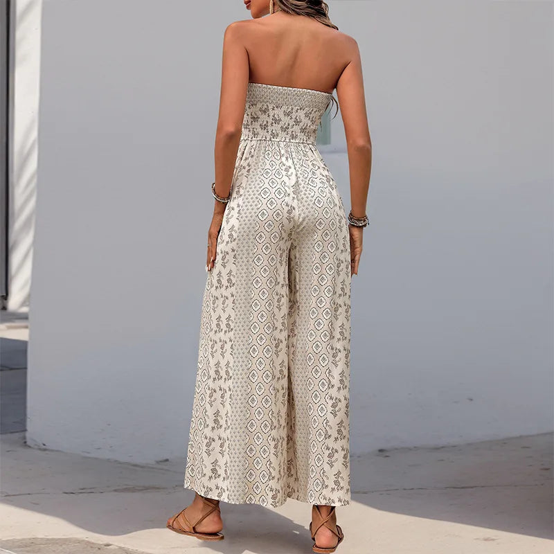 Printed Strapless Tube Top Tie Front Jumpsuit for Women
