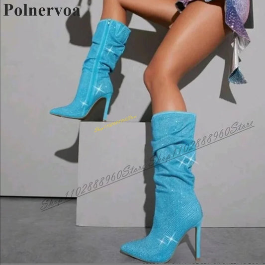 Trendy Blue Crystal Decoration Pleated Boots Thin High Heel Women Shoes Side Zipper Pointed Toe 2024 Fashion Zapatos Para Mujere