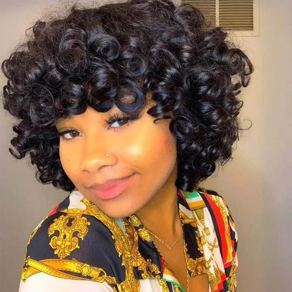 Brazilian Human Hair Egg Curl Pixie Cut Wig with Bangs for Women