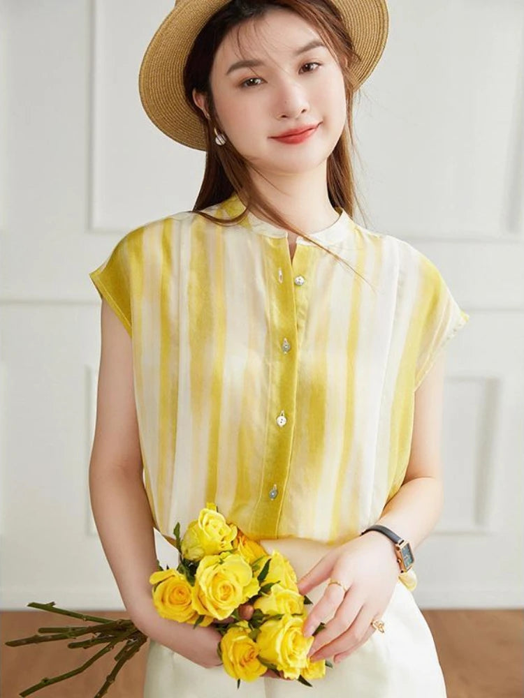 Women's Shirt and Blouse Chiffon Yellow Sleeveless Striped Female Tops Loose Summer Button Up Y2k Fashion Sale of Pretty Xl M