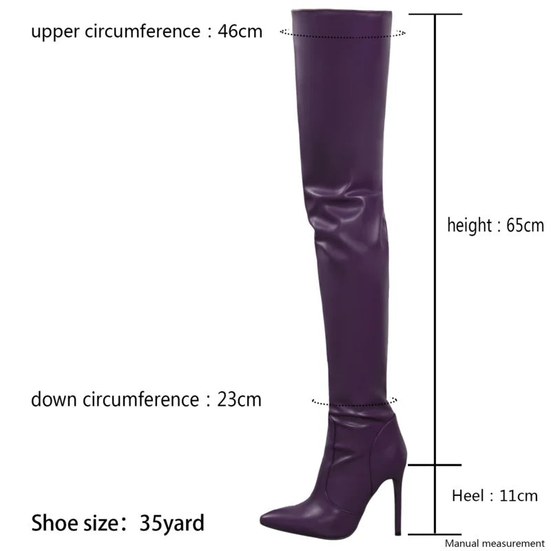 Purple Pointed Toe Stiletto Zipper Over The Knee Leather Boots For Women