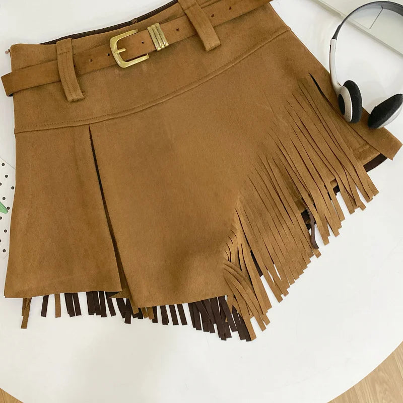 Tassel Detail Faux Suede Shorts