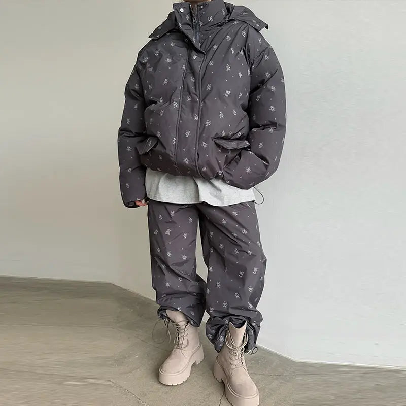 Striped Hooded Puffer Jacket and Wide Leg Pants Set for Women
