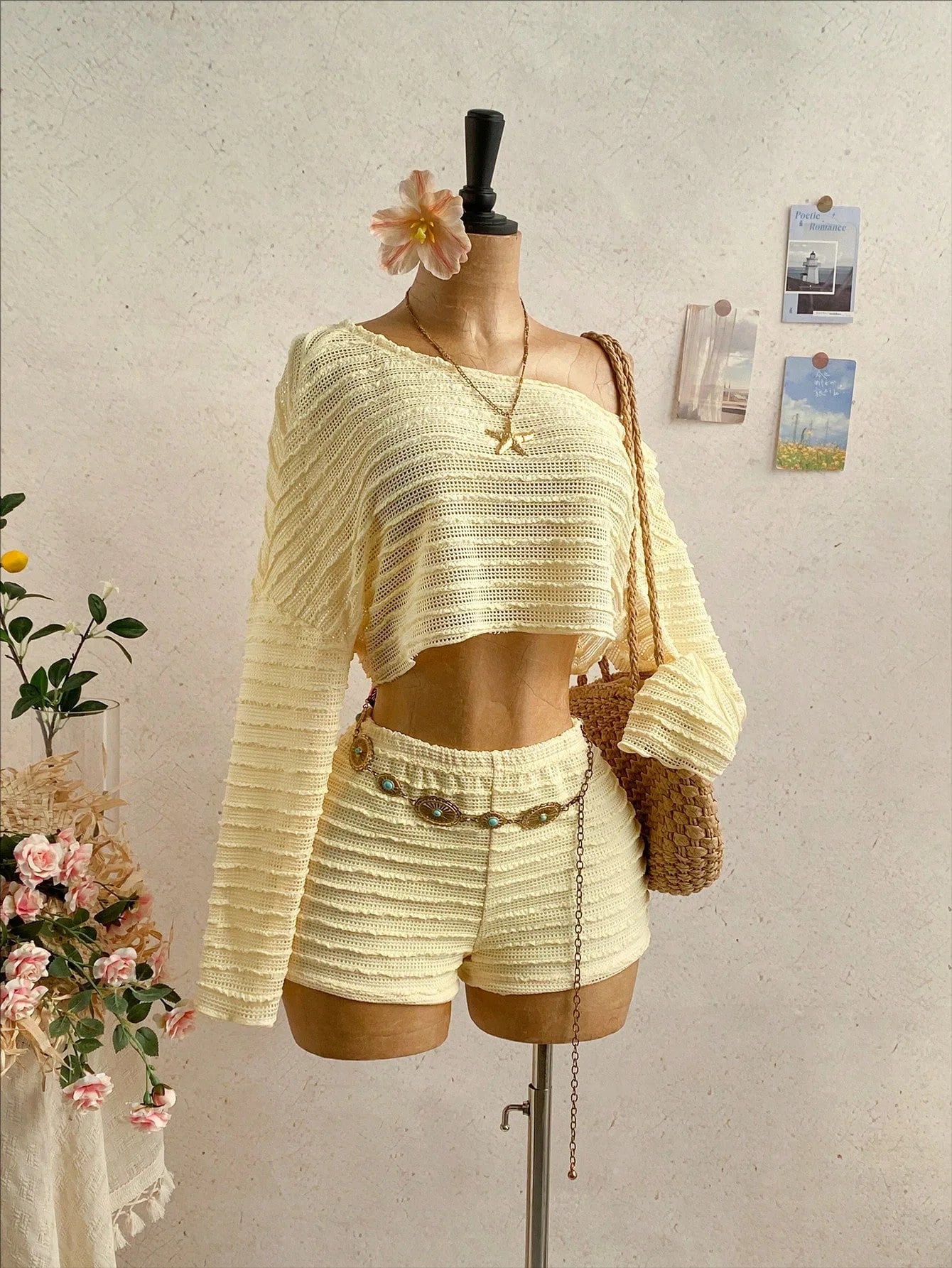 Slanted Shoulder Knit Two Piece Shorts Set for Women