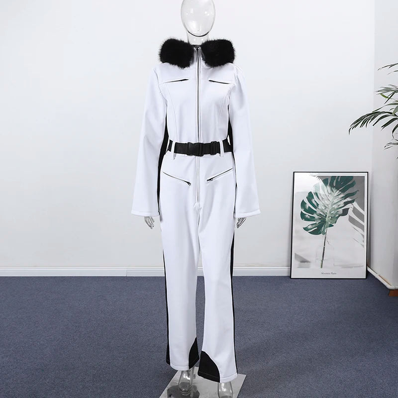 High Waist Full Zip Hooded Windproof Ski Jumpsuit For Women