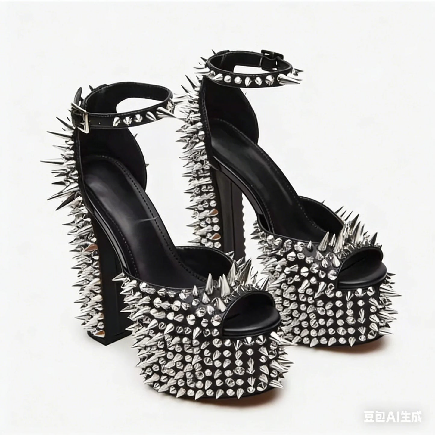 Black Rivet Decorated Spiked Platform Sandals for Women