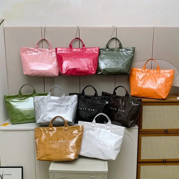 Kraft paper jelly waterproof bag, women's new retro commuting large capacity DuPont paper tote bag