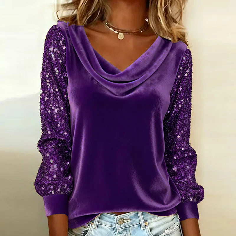 2026 Spring Vintage Solid Soft Velvet Shirt Woman Elegant Pile Collar Draped Tops Pullover Autumn Long Sleeve Sequin Blouse Tees
