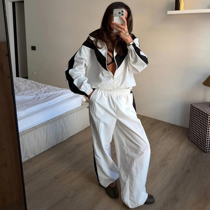 Color Block Zip Up Tracksuit With High Waist Shorts For Women
