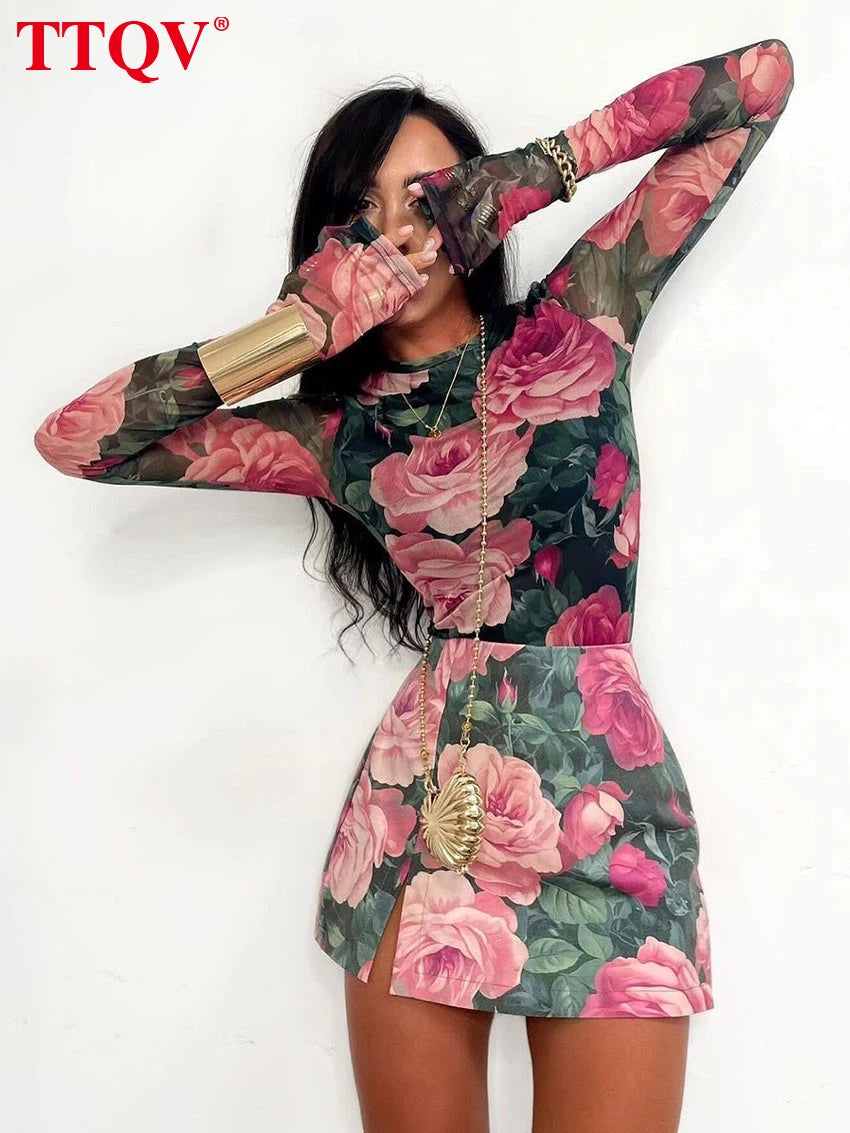 Printed Long Sleeve Shirt and Mini Skirt Two Piece Set for Women