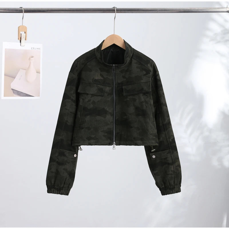 Y2K Camouflage Cropped Zip Jacket With Stand Collar for Women