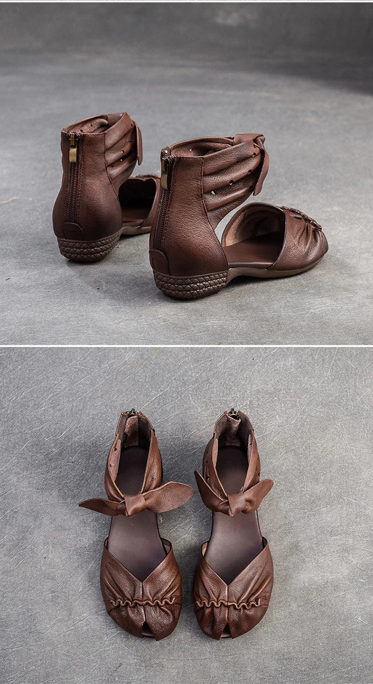 Genuine Leather Breathable Low Heel Peep Toe Sandals for Women