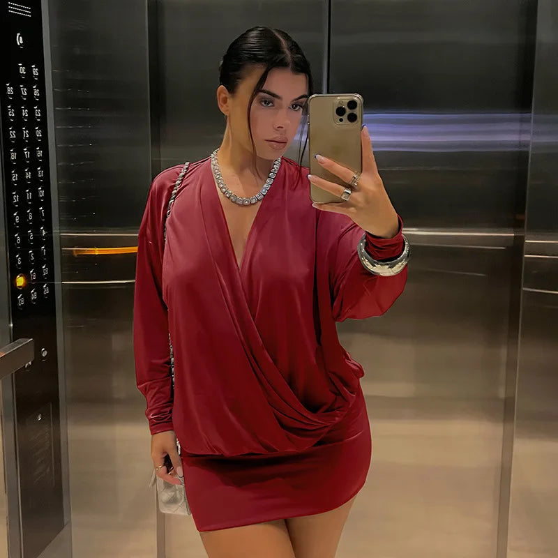 Solid Color Long-Sleeved V-Neck Mini Dress for Women