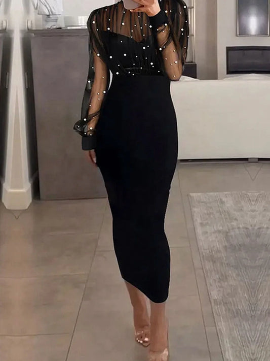 Ruched Beaded Contrast Sheer Mesh Long Sleeve Dress Slim Fit Bodycon Midi Black Dress for Women