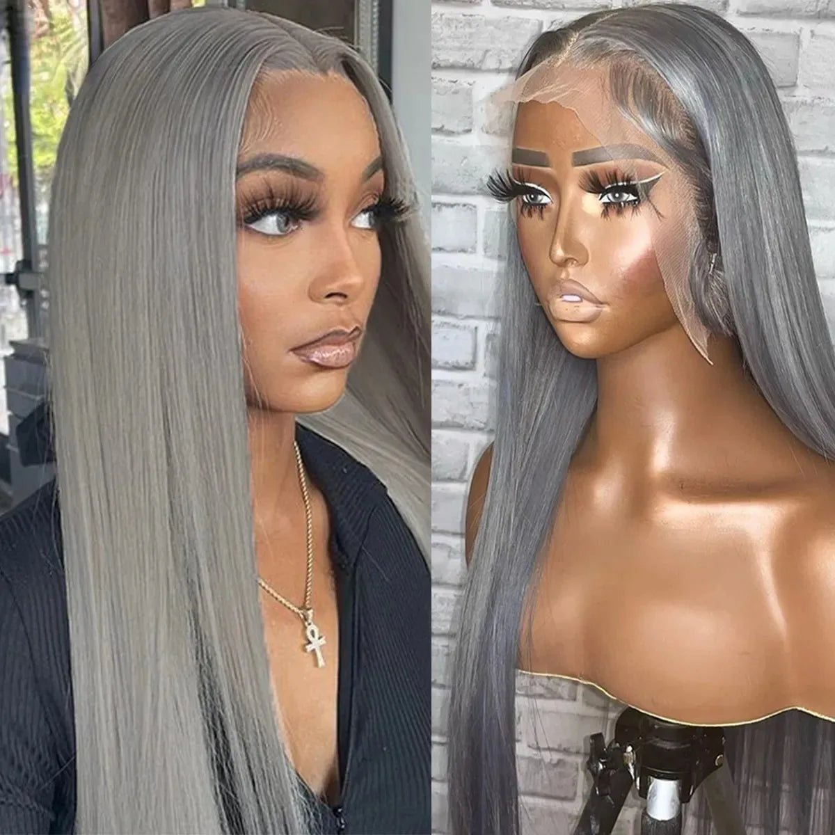 Grey Straight Lace Front Wig With Preplucked Hair for Women