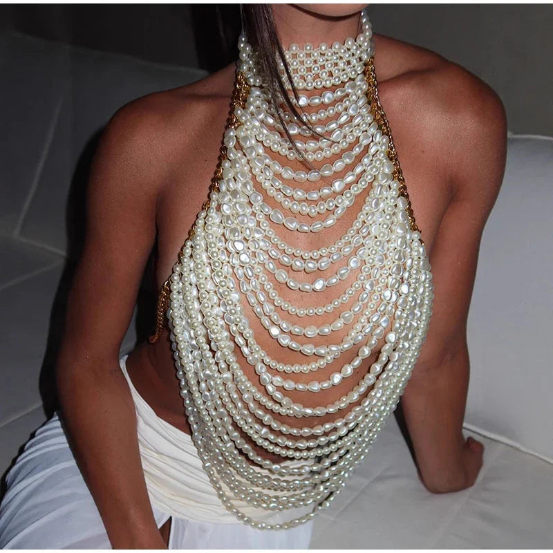 Elegant Pearl Halter Tank Top With Layered Chain Trim for Women