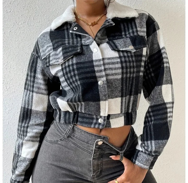 Elegant Women Jacket 2024 Autumn and Winter New Fashionable and Versatile Checkered Long Sleeved Short Top Coats Streetwear