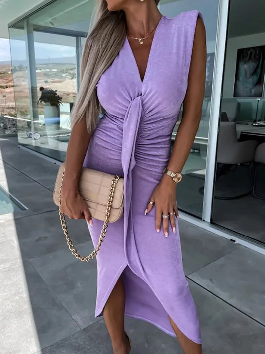 Office Lady Loungewear Deep V-Neck Maxi Dress Women Summer Sleeveless Solid Slim Fit Folds Party Dress Streetwear Dropshipping