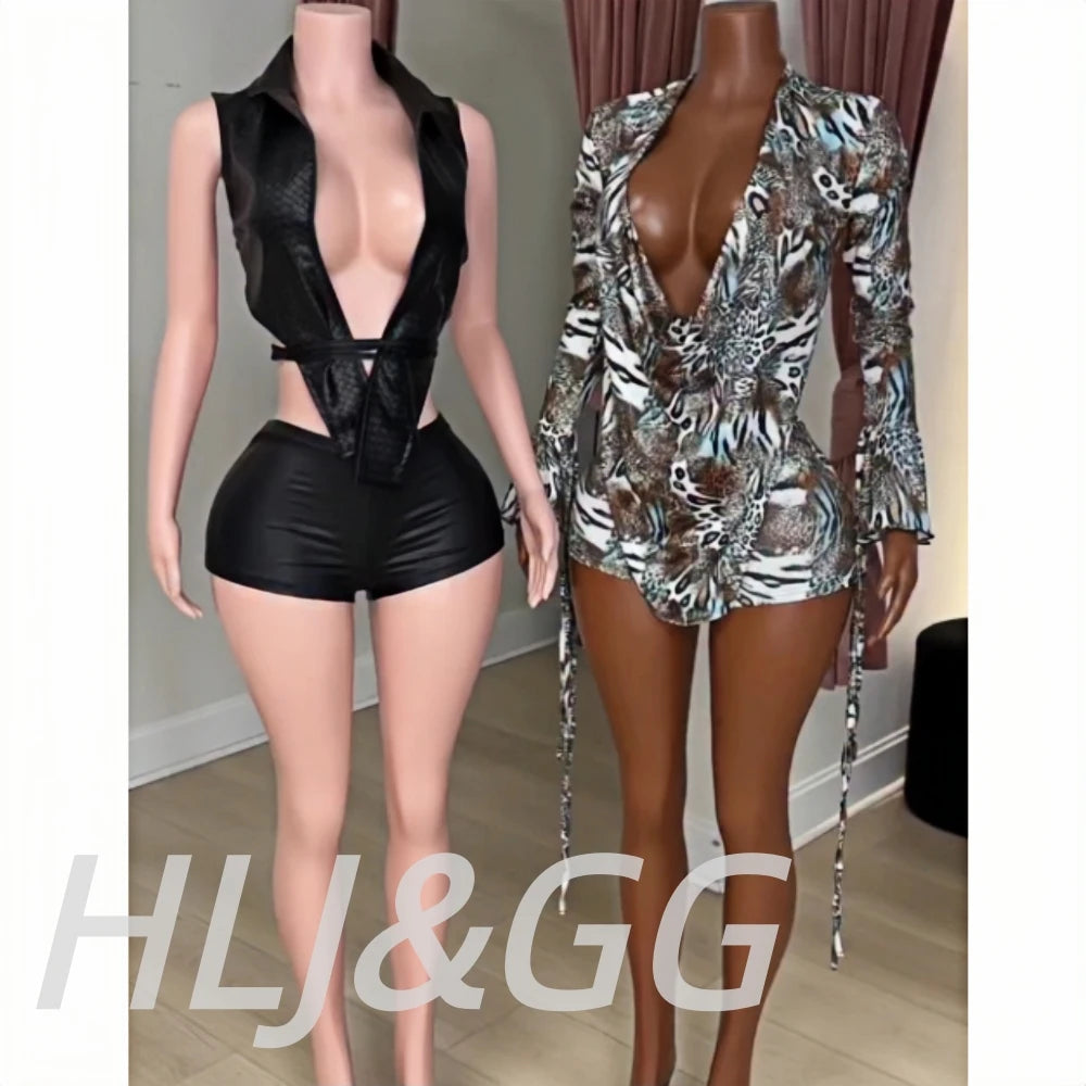 Sleek Black Leather Sleeveless Backless Two Piece Set for Women