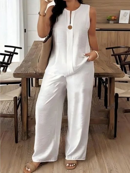 Vintage Button Tank Top With Elastic Waist Pants