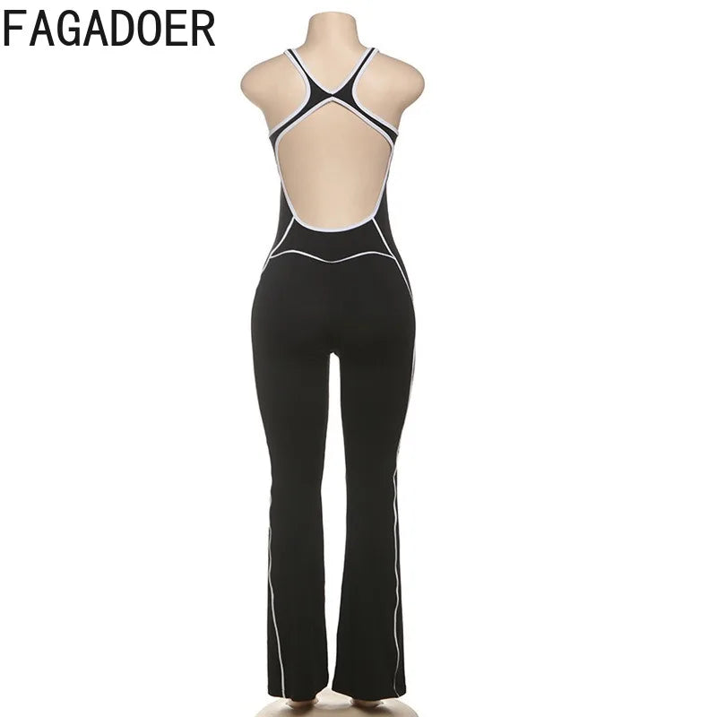 FAGADOER Fashion Striped Patchwork Bodycon Jumpsuits Women Sleeveless Backless Hollow Out Rompers Female Streetwear Overall New