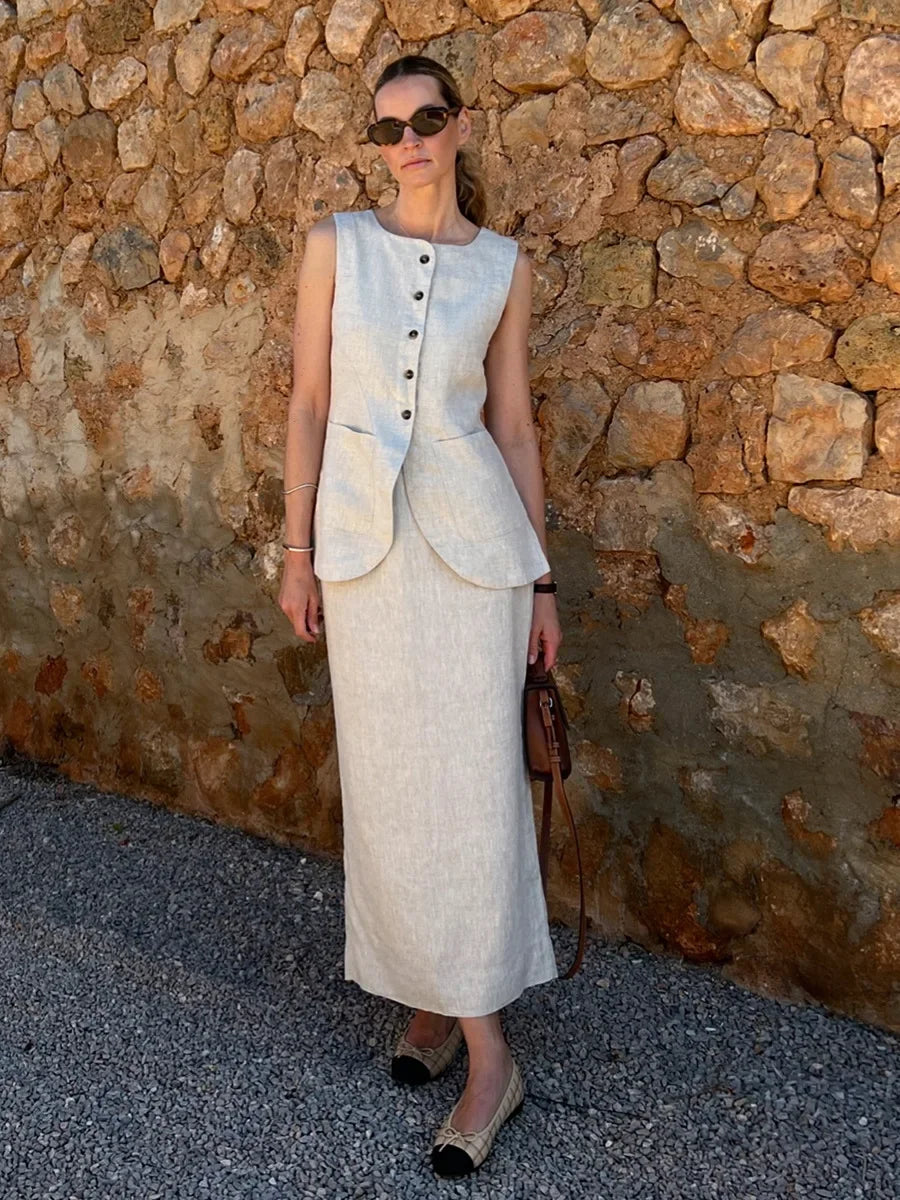 Breathable Linen High Waist Vest And Skirt Set For Women
