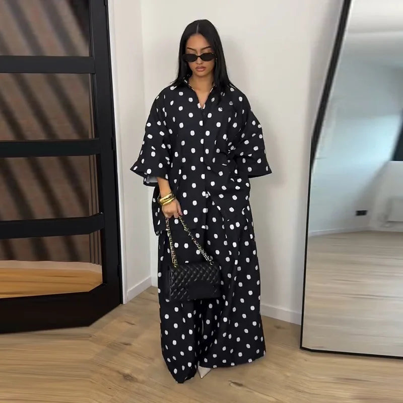 Elegant Polka Dot Shirt And Wide Leg Pants Set for Women