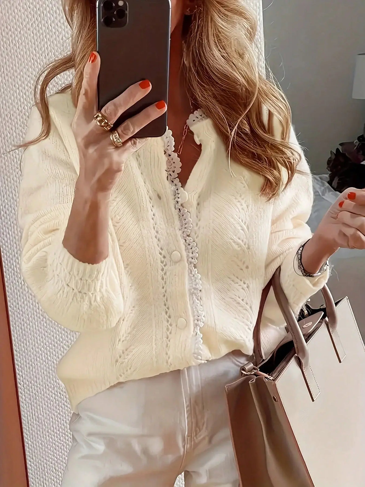 Loose Fit Hollow Out Knit Cardigan Sweater for Women