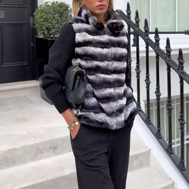 Faux Fur Patchwork Knit Coat With High Collar for Women