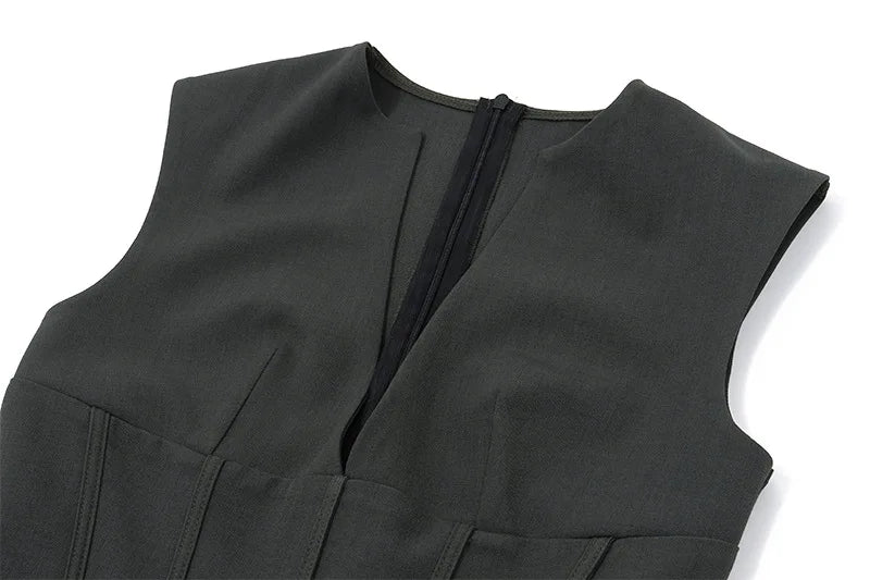 Dress With Deep V Neckline Sleeveless Mini Gray Corset Clubwear Flattering Silhouette Vintage