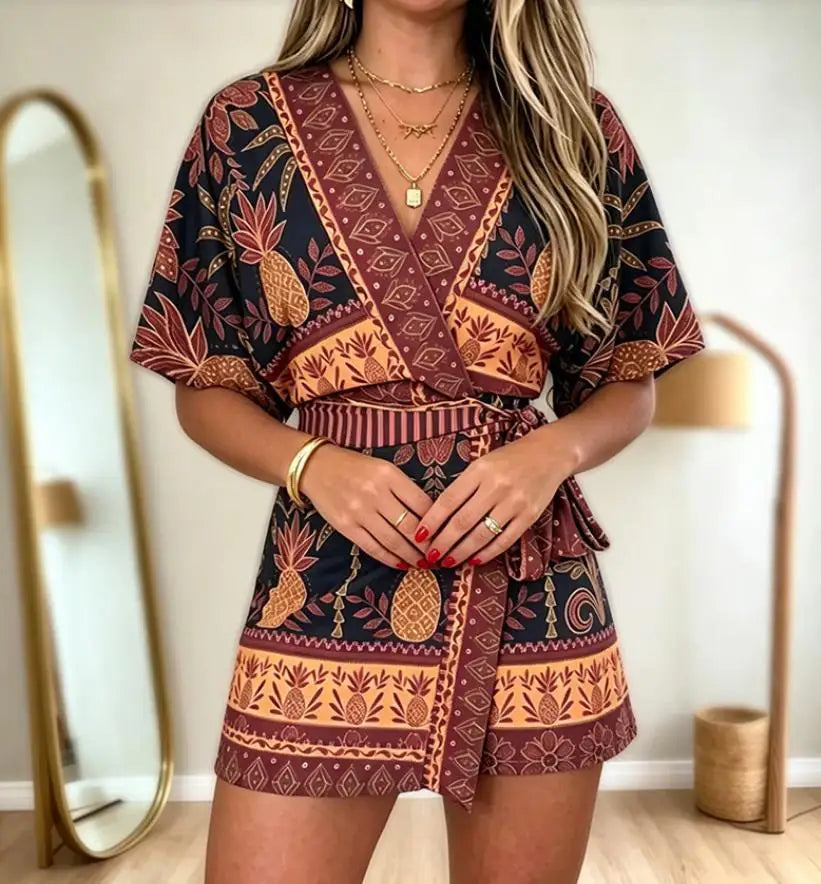 Seashell Starfish Print Wrap V Neck Short Sleeve Lace Up Romper for Women