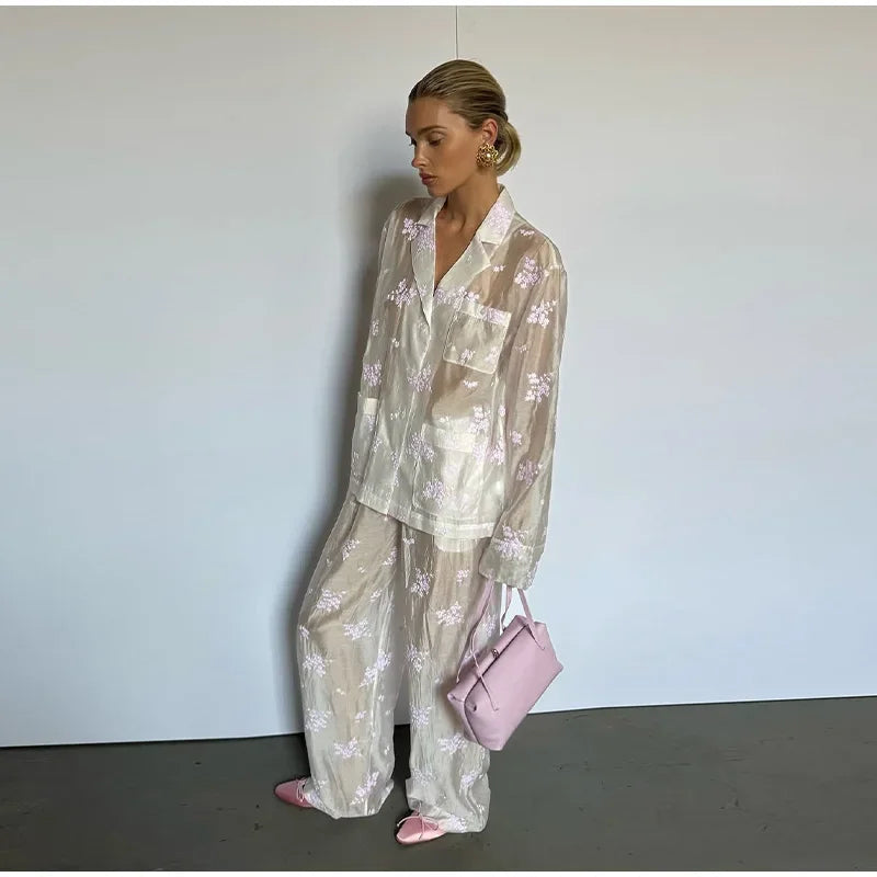 Sheer Casual Shirt and Wide Leg Pants Set for Women