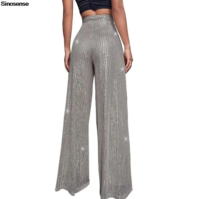 High Waist Sparkle Sequin Wide Leg Pants for Women