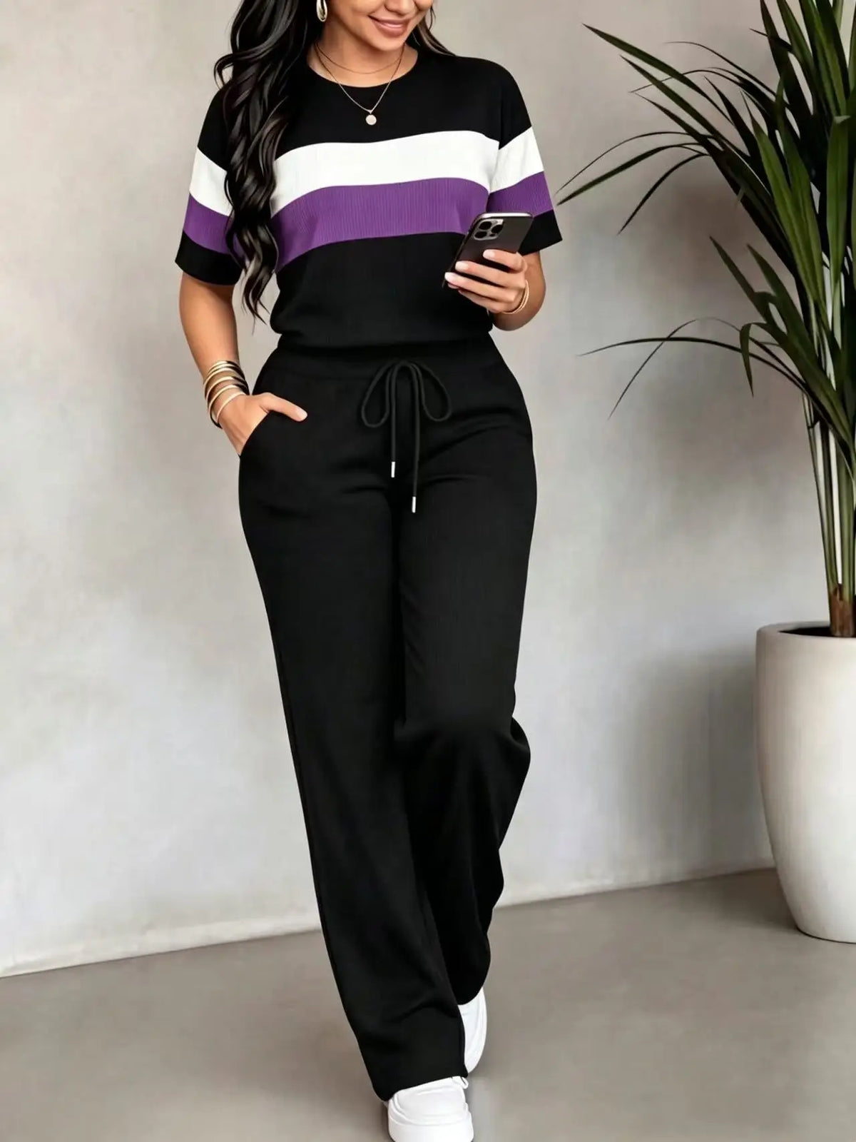 Fashion color‑block striped 2‑piece set, crew neck short sleeve top, drawstring high waist wide‑leg pants with side pockets. Soft comfortable fabric, great for daily, loungewear, street casual wear.