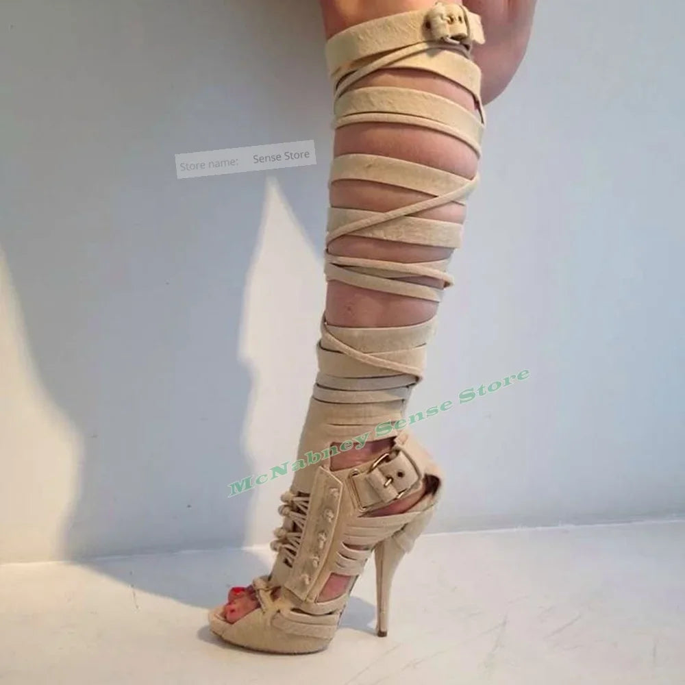 Open Toe Zippered Leather Stiletto Knee High Sandals For Women