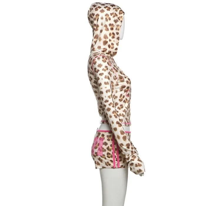 Sexy Shorts Set for Woman Crop Top Slim Fit Hooded Leopard Print Top and High Waisted and Half Pants Suit 2025 Spring/summer New
